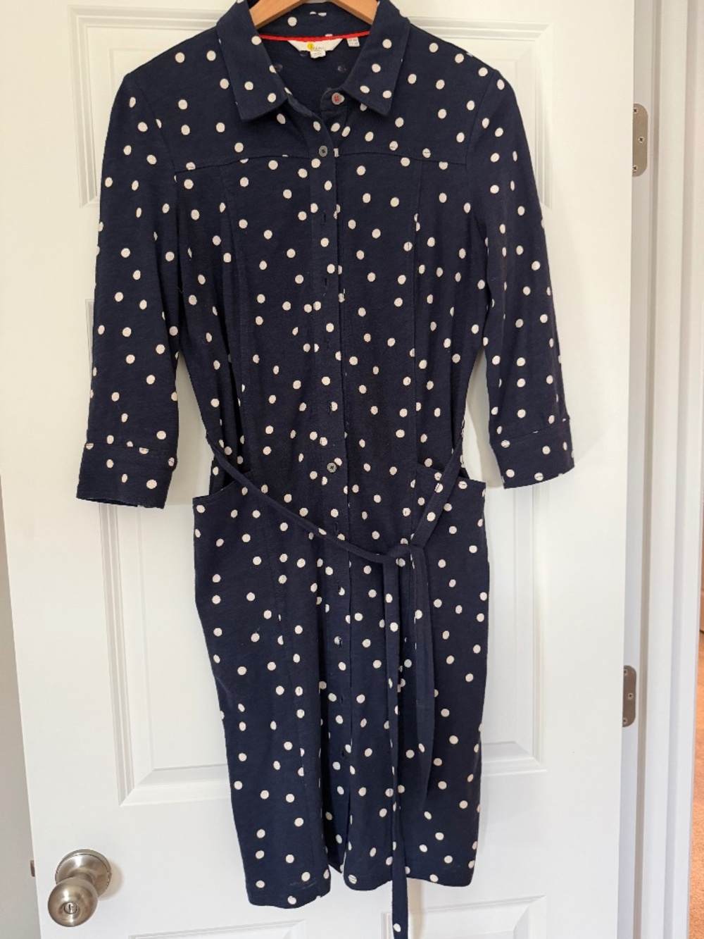 Boden Navy White Polka Dot Shirt Dress Tie Waist Petite US 6P UK 10P